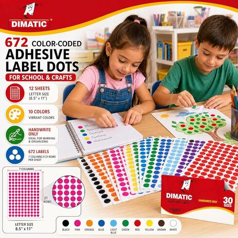 تسميات ترميز الألوان المستديرة Dimatic ½ بوصة | 6,720 ملصق دائري | 10 ألوان | نقاط التقشير والعصا | تنظيم المكاتب والمدرسة والحرف والمخزون in Kuwait