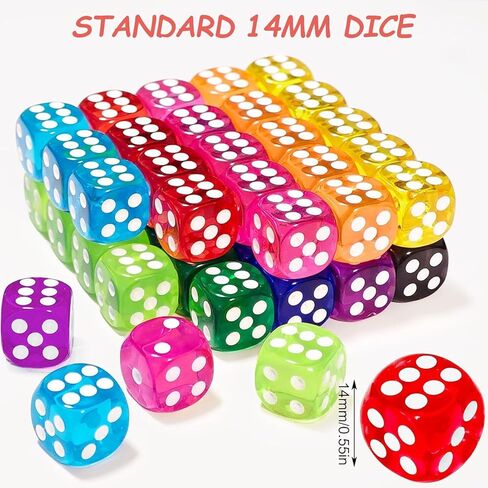 50 Pieces Colored 6 Sided 14mm Dice with White Color Pips for Board Games, Teaching, Learning, Rolling, Group Event, 10 in Saudi Arabia