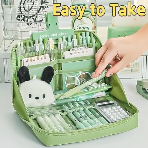 Kawaii Pencil Case, Japanese Pencil Pouch, Aesthetic Large Standing Journal Bag, 180° Flat Open Portable Design, Sleek Kawaii Stationery Organizer for Daily Storage and Neat Arrangement, Green in Kuwait