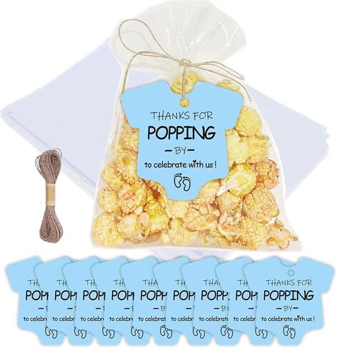 60 Set Baby Shower Popcorn Bags, Thank You Tags Favor Bags with Twist Ties, Cellophane Treat Bags for Candy, Popcorn, Cookies – Perfect for Gender Reveal Party Supplies, Baby Shower Party Favors Decorations (blue) in Kuwait
