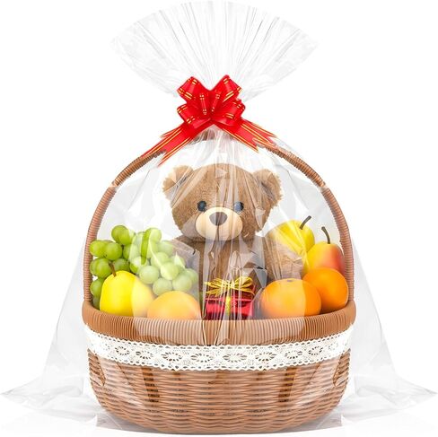GOMANCHE 10 Pack Large Cellophane Basket Bags, 24 x 30 Inches Easter Cello Basket Wrap with 10 Pieces Pull Bow, Plastic Gift Wrapping for Easter Party Favor Supplies in Saudi Arabia