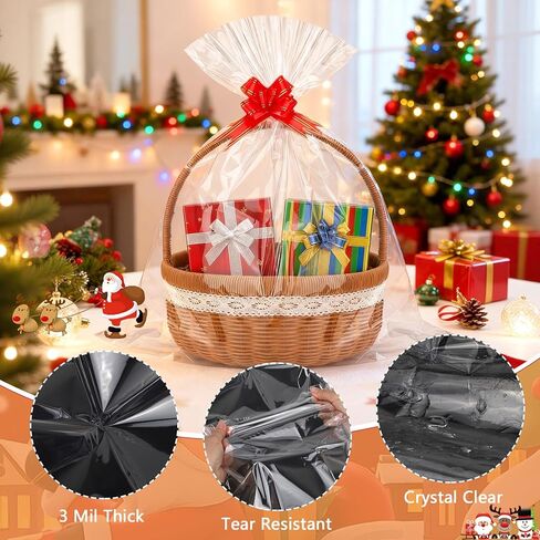 GOMANCHE 10 Pack Large Cellophane Basket Bags, 24 x 30 Inches Easter Cello Basket Wrap with 10 Pieces Pull Bow, Plastic Gift Wrapping for Easter Party Favor Supplies in Saudi Arabia