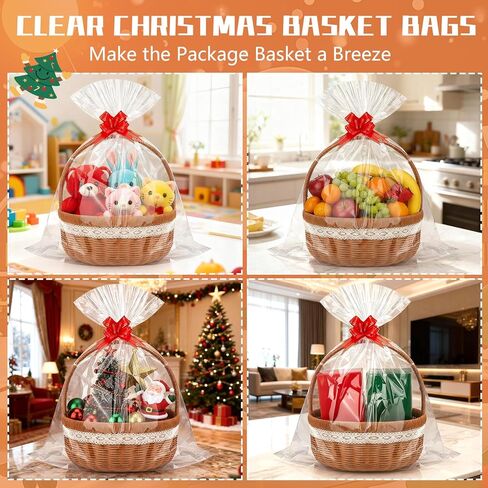 GOMANCHE 10 Pack Large Cellophane Basket Bags, 24 x 30 Inches Easter Cello Basket Wrap with 10 Pieces Pull Bow, Plastic Gift Wrapping for Easter Party Favor Supplies in Saudi Arabia