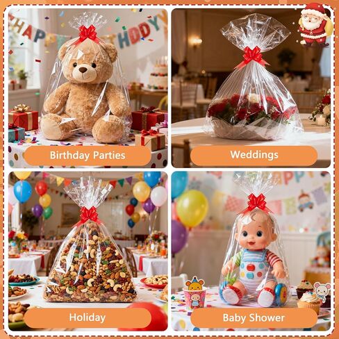 GOMANCHE 10 Pack Large Cellophane Basket Bags, 24 x 30 Inches Easter Cello Basket Wrap with 10 Pieces Pull Bow, Plastic Gift Wrapping for Easter Party Favor Supplies in Saudi Arabia