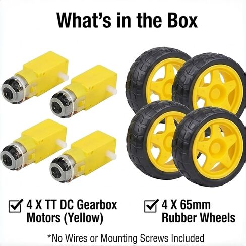 4 Sets TT Motor and Wheels Kit: DC 3V-6V Dual Shaft Gear Motor 200RPM 1:48 Ratio with 65mm Rubber Tires for Arduino Smart Car Chassis, DIY STEM Robotics Projects (No Wires Included) in Saudi Arabia