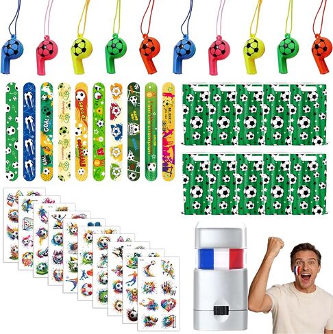 LAHAND 41Pcs Soccer Party Favors,Soccer Goodie Bags Stuffers with Tattoos Stickers Patriotic Fan Facial Paint Sport Whistles Slap Bracelets for Soccer Party Supplies in Saudi Arabia