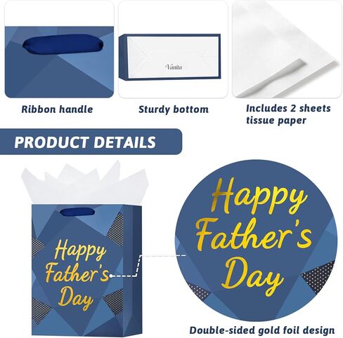 Vanita 12.6" Medium Size Happy Fathers Day Gift Bag with Handles for Dad Navy Blue Paper Gift Wrap Bags with Tissue Paper for Grandpa, Grandfather in Kuwait