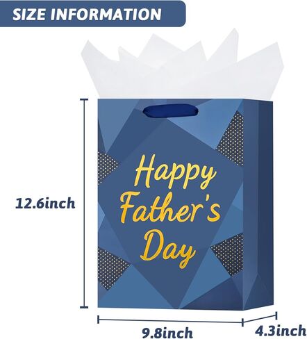 Vanita 12.6" Medium Size Happy Fathers Day Gift Bag with Handles for Dad Navy Blue Paper Gift Wrap Bags with Tissue Paper for Grandpa, Grandfather in Kuwait