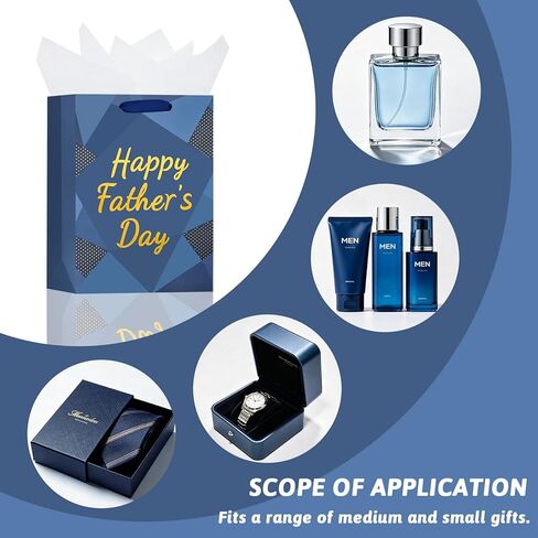 Vanita 12.6" Medium Size Happy Fathers Day Gift Bag with Handles for Dad Navy Blue Paper Gift Wrap Bags with Tissue Paper for Grandpa, Grandfather in Kuwait