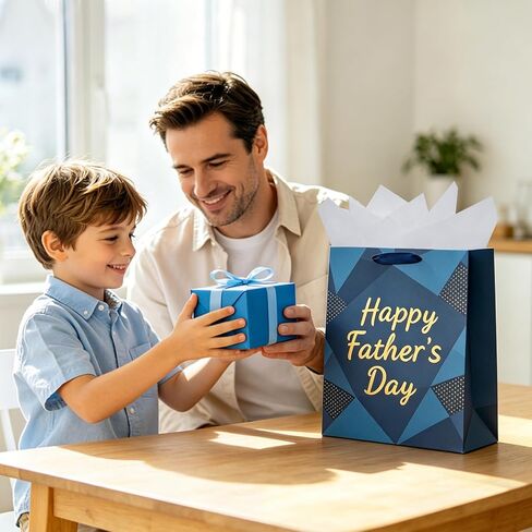 Vanita 12.6" Medium Size Happy Fathers Day Gift Bag with Handles for Dad Navy Blue Paper Gift Wrap Bags with Tissue Paper for Grandpa, Grandfather in Kuwait