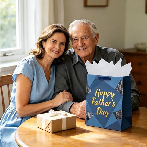 Vanita 12.6" Medium Size Happy Fathers Day Gift Bag with Handles for Dad Navy Blue Paper Gift Wrap Bags with Tissue Paper for Grandpa, Grandfather in Kuwait