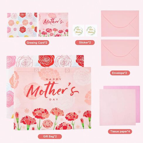 YANGTE 2 Pack 13" Large Mothers Day Gift Bags with Tissue Paper, Reusable Non-Woven Mothers Day Bag with Handle, Elegant Mothers Gift Wrap Bags for Presents, Floral Gift Bags with Cards for Woman, Mom in Saudi Arabia