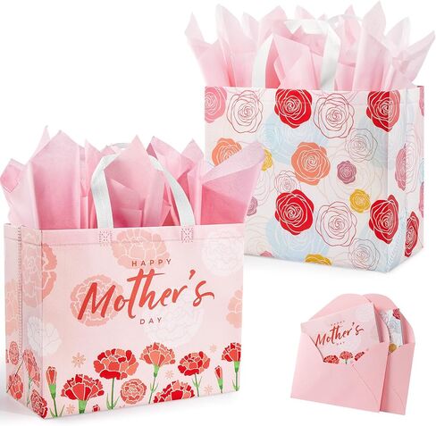 YANGTE 2 Pack 13" Large Mothers Day Gift Bags with Tissue Paper, Reusable Non-Woven Mothers Day Bag with Handle, Elegant Mothers Gift Wrap Bags for Presents, Floral Gift Bags with Cards for Woman, Mom in Kuwait