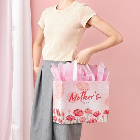 YANGTE 2 Pack 13" Large Mothers Day Gift Bags with Tissue Paper, Reusable Non-Woven Mothers Day Bag with Handle, Elegant Mothers Gift Wrap Bags for Presents, Floral Gift Bags with Cards for Woman, Mom in Saudi Arabia