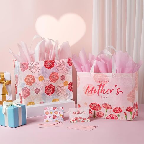 YANGTE 2 Pack 13" Large Mothers Day Gift Bags with Tissue Paper, Reusable Non-Woven Mothers Day Bag with Handle, Elegant Mothers Gift Wrap Bags for Presents, Floral Gift Bags with Cards for Woman, Mom in Saudi Arabia