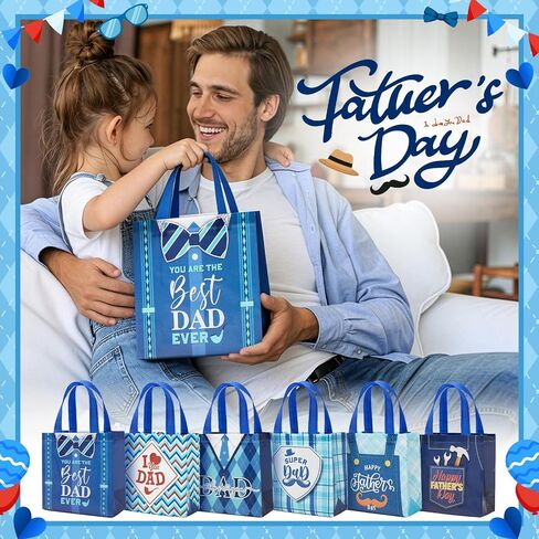 AIGIMU 48Pcs Father's Day Party Gift Bags Bulk, Happy Father's Day Reusable Non-Woven Gift Tote Bags with Handles for Dad Gifts, Best Dad Party Treat Supplies for Fathers Day Celebration in Saudi Arabia