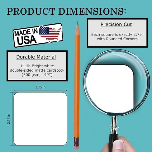 100 Blank White Small Cardstock Squares 2.75" x 2.75" Rounded Corners - Flash Cards, Mini Notecard, Study Note Cards, Enclosure/Message Card, Gift Tags, Place Cards, Small Business Inserts Made in USA in Saudi Arabia