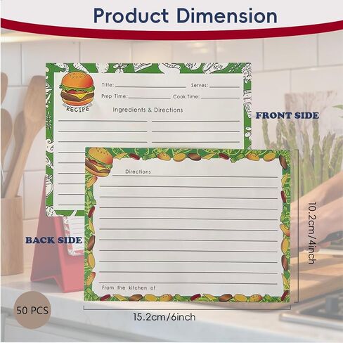 Recipe Cards 4x6 Inch, 50 Pieces Double Sided Blank Recipe Cards for Bridal Shower, Wedding, Cooking Class, Kitchen Diary & Family Heirloom, 5 Food Designs in Kuwait