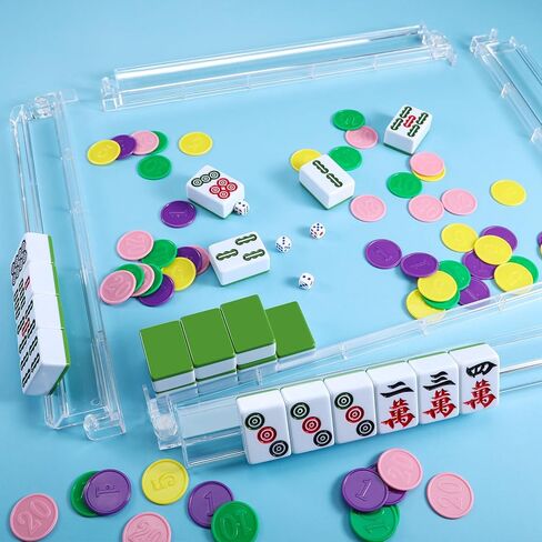 Booson 4 Set Mahjong Tile Rack and Pusher All-in-One Mahjong Tile Racks Combo Clear Acrylic American Majiang with Chips Dice Storage Bags for Game Nights in Saudi Arabia