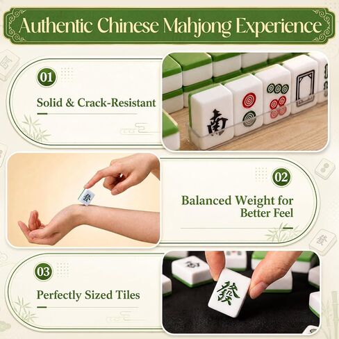 Professional Traditional Chinese Mahjong Set, 30 mm 146 Sturdy Plastic Tiles with Dice, Wind Indicator & Green Felt Case for Authentic Hong Kong Mahjong Gameplay in Kuwait