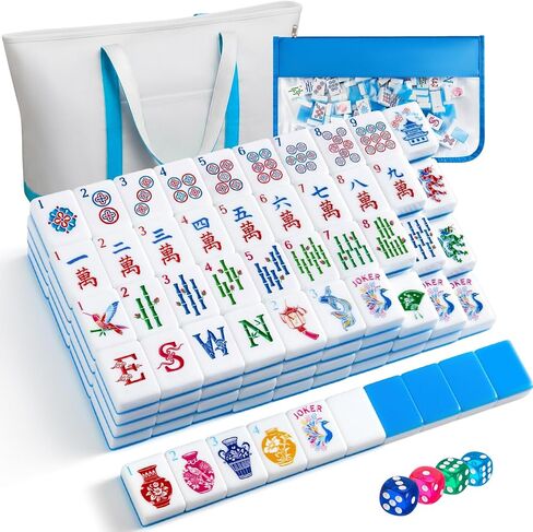 Soulchen 1.2" Modern Chinoiserie Acrylic American Mahjong Tiles Set, 168 Blue Engraved Tiles with Tote Bags, 4 Dices, Floral Vase Design Complete Travel Mahjong Game for Beginners Lovers Collection in Kuwait