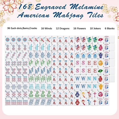 Soulchen 1.2" Modern Chinoiserie Acrylic American Mahjong Tiles Set, 168 Blue Engraved Tiles with Tote Bags, 4 Dices, Floral Vase Design Complete Travel Mahjong Game for Beginners Lovers Collection in Kuwait