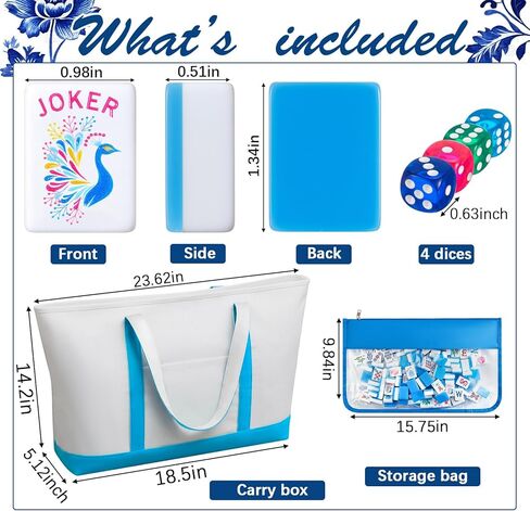 Soulchen 1.2" Modern Chinoiserie Acrylic American Mahjong Tiles Set, 168 Blue Engraved Tiles with Tote Bags, 4 Dices, Floral Vase Design Complete Travel Mahjong Game for Beginners Lovers Collection in Kuwait