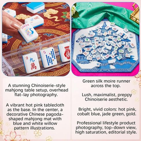 Soulchen 1.2" Modern Chinoiserie Acrylic American Mahjong Tiles Set, 168 Blue Engraved Tiles with Tote Bags, 4 Dices, Floral Vase Design Complete Travel Mahjong Game for Beginners Lovers Collection in Kuwait