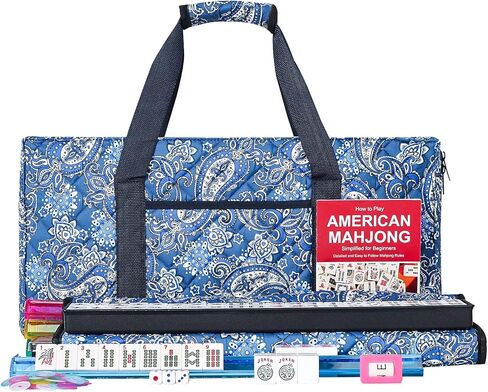مجموعة ZGME American Mahjong، 166 بلاطًا أبيض مع حقيبة مستطيلة مطبوعة وإكسسوارات، 4 رفوف ماجونج الكل في واحد مع دافعات، مجموعة ماجونج غربية كاملة in Kuwait