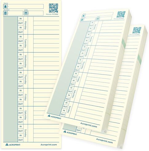 Acroprint FT1100 Time Cards, 100‑Pack, Compatible with ES700 & ES900 Time Clocks (Model 01‑0296‑003) in Saudi Arabia