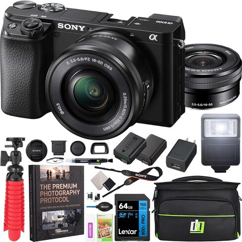 Sony a6100 Mirrorless Camera 4K APS-C ILCE-6100YB with 2 Lens Kit 16-50mm + 55-210mm Bundle with 2X Battery + Deco Gear Travel Bag Case + 64GB Memory Card + Photo Video Software + Accessories in Saudi Arabia