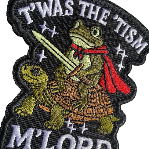 Funny The Frog Knight Rides Turtle T‘WAS THE 'TISM M'LORD Hook and Loop Embroidery Patches, Tactical Morale DIY Patch for Hat, Backpack, Bag, Dog Vest Harness, Jackets, 3.34" x 2.95" (Black) in Kuwait