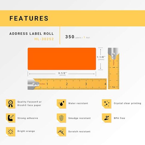 HOUSELABELS Compatible DYMO 30252 Orange Address Labels (1-1/8" x 3-1/2"), Strong Permanent Adhesive, Compatible with DYMO LW 450, 4XL, Rollo & Zebra Desktop Printers, 6 Rolls /2100 Labels in Kuwait