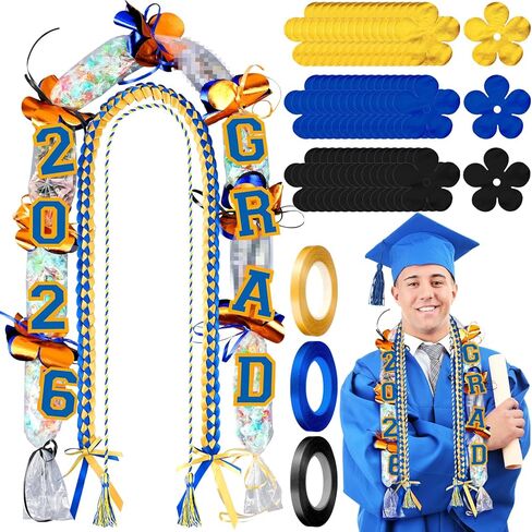 Fullhawl 61 Pcs Graduation Leis 2026 Graduation Candy Lei Kit Include Grad Braided Necklace Honor Cord Candy Tubing with 3 Rolls Ribbon DIY Grad Gift for High School College Party Supplies(Black Gold) in Kuwait