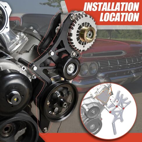 LS Engine Serpentine Relocation Bracket Kit - Anodized Steel Black Coated | 180° Alternator | Fit LS1-LS7 4.8/5.3/6.0/6.2L Truck SUV 1962-1981 Black. in Saudi Arabia