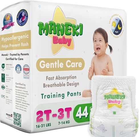 Maneki Baby Training Pants 3T–4T, 76 Count (26–37 lbs) Pull-Up Style Potty Training Underwear, Soft & Hypoallergenic, Multi-Layer Absorption, Odorless, Dermatologist Tested, 2 Packs (Pack May Vary) in Saudi Arabia