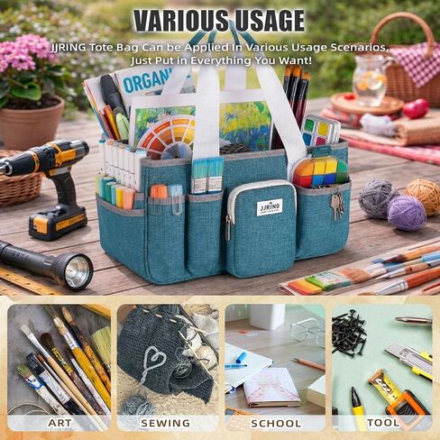 JJRING Craft Organizer Tote Bag, Portable Art Caddy With Adjustable Divider&Secure Zipper Pocket, Foldable StorageTote For Scrapbooking, Sewing, Artist And Home(Green) in Saudi Arabia