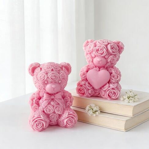 Rose Bear Silicone Candle Mold, Pink Valentine's Day Decorative Bear with Heart Design, DIY Craft Mold in Saudi Arabia