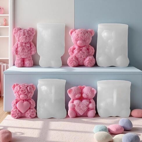 Rose Bear Silicone Candle Mold, Pink Valentine's Day Decorative Bear with Heart Design, DIY Craft Mold in Saudi Arabia