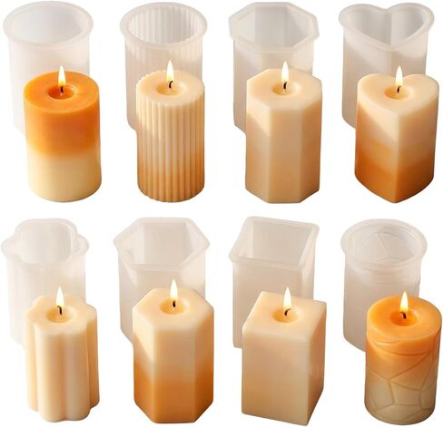 Silicone Candle Molds 8PCS Set, Easy Release Candle Making Kit with Cylinder Square Heart Flower Shapes, Reusable Non-Stick Molds for DIY Soap, Resin, Wax, Polymer Clay, Multiple Sizes for Beginners in Saudi Arabia