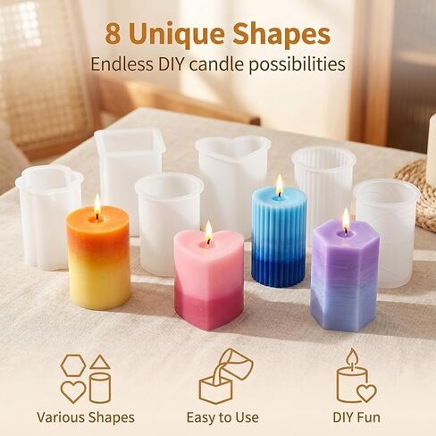 Silicone Candle Molds 8PCS Set, Easy Release Candle Making Kit with Cylinder Square Heart Flower Shapes, Reusable Non-Stick Molds for DIY Soap, Resin, Wax, Polymer Clay, Multiple Sizes for Beginners in Saudi Arabia