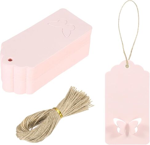 MECCANIXITY 100Pcs Kraft Paper Gift Tags with String, 3.5 x 1.6 Inch Blank Hanging Labels Wave Shape Paper Labels Pink Gift Tags for Price Tags, Christmas, DIY Crafts in Kuwait