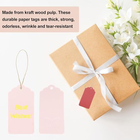 MECCANIXITY 100Pcs Kraft Paper Gift Tags with String, 3.5 x 1.6 Inch Blank Hanging Labels Wave Shape Paper Labels Pink Gift Tags for Price Tags, Christmas, DIY Crafts in Kuwait