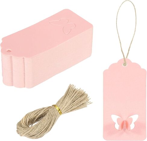 MECCANIXITY 100Pcs Kraft Paper Gift Tags with String, 3.5 x 1.6 Inch Blank Hanging Labels Wave Shape Paper Labels Pink Gift Tags for Price Tags, Christmas, DIY Crafts in Kuwait