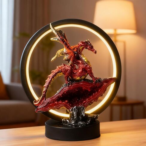 Hmusnwol-Dragon Figurine Decor-Table Lamp-Dargon Statue - 6.15 inch LED Circle Medieval Figurine Light for Home Decor Collectible Figurines Fantay Gifts in Saudi Arabia