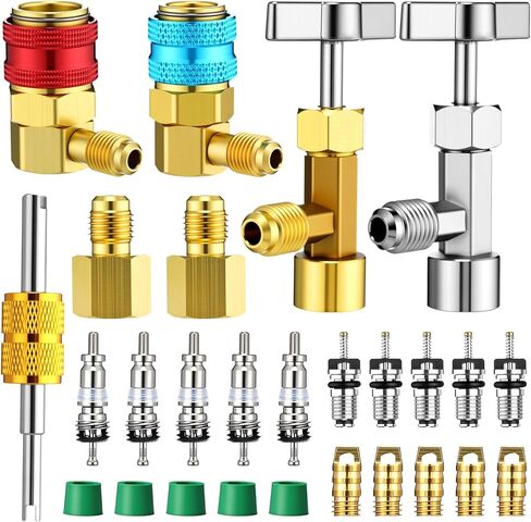 طقم تركيب محول التبريد R134a بما في ذلك صنابير علب الغلق الذاتي/الثقب، قارنات التوصيل السريعة R134a 1/4 بوصة SAE مزيل صمام التوهج الأساسي لمجموعة تحويل خرطوم قياس المكيف المتنوع in Kuwait