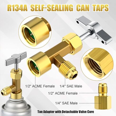 طقم تركيب محول التبريد R134a بما في ذلك صنابير علب الغلق الذاتي/الثقب، قارنات التوصيل السريعة R134a 1/4 بوصة SAE مزيل صمام التوهج الأساسي لمجموعة تحويل خرطوم قياس المكيف المتنوع in Kuwait