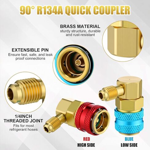 طقم تركيب محول التبريد R134a بما في ذلك صنابير علب الغلق الذاتي/الثقب، قارنات التوصيل السريعة R134a 1/4 بوصة SAE مزيل صمام التوهج الأساسي لمجموعة تحويل خرطوم قياس المكيف المتنوع in Kuwait