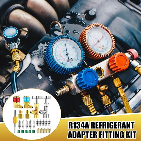 طقم تركيب محول التبريد R134a بما في ذلك صنابير علب الغلق الذاتي/الثقب، قارنات التوصيل السريعة R134a 1/4 بوصة SAE مزيل صمام التوهج الأساسي لمجموعة تحويل خرطوم قياس المكيف المتنوع in Kuwait