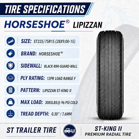 HORSESHOE LIPIZZAN 2 New ST225/75R15 12-Ply ST-KING II إطارات مقطورة LRF ذات حزام فولاذي شعاعي فائقة التحمل مع حافة حماية مميزة على الحائط M 81 ميل في الساعة BSW لجميع التضاريس (ST 225/75R15 12PR) in Kuwait